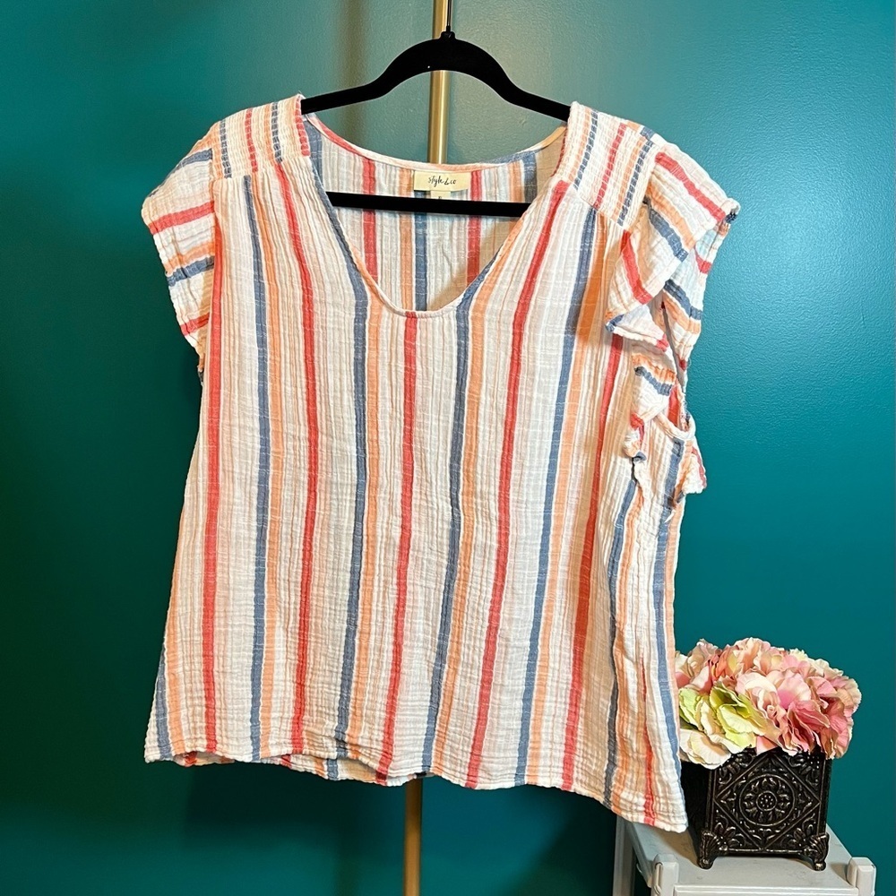 Style & Co. White and Orange Flutter Sleeve Blouse